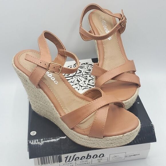 Weeboo Tan Mid High Heel Wedge Strappy Buckle Espadrille Sandals Size 7.5 - Picture 17 of 17